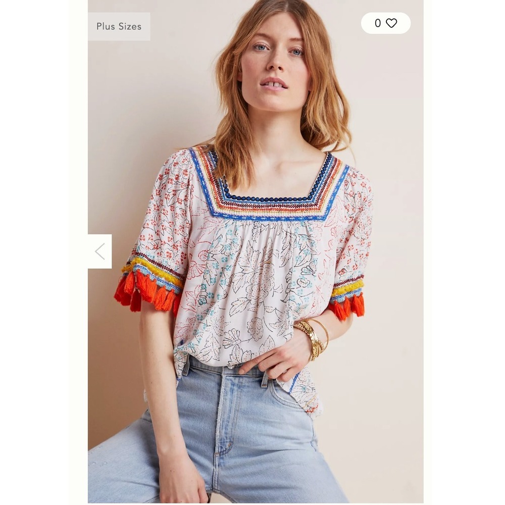 Maeve Paolina Tasseled Rayon Multicolored Embroidered Square Neck Blouse‎ S